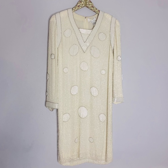 Vintage Bob Mackie Silk Beaded Geometric Long Sleeve Winter White Mini Dress 12 - Picture 1 of 14